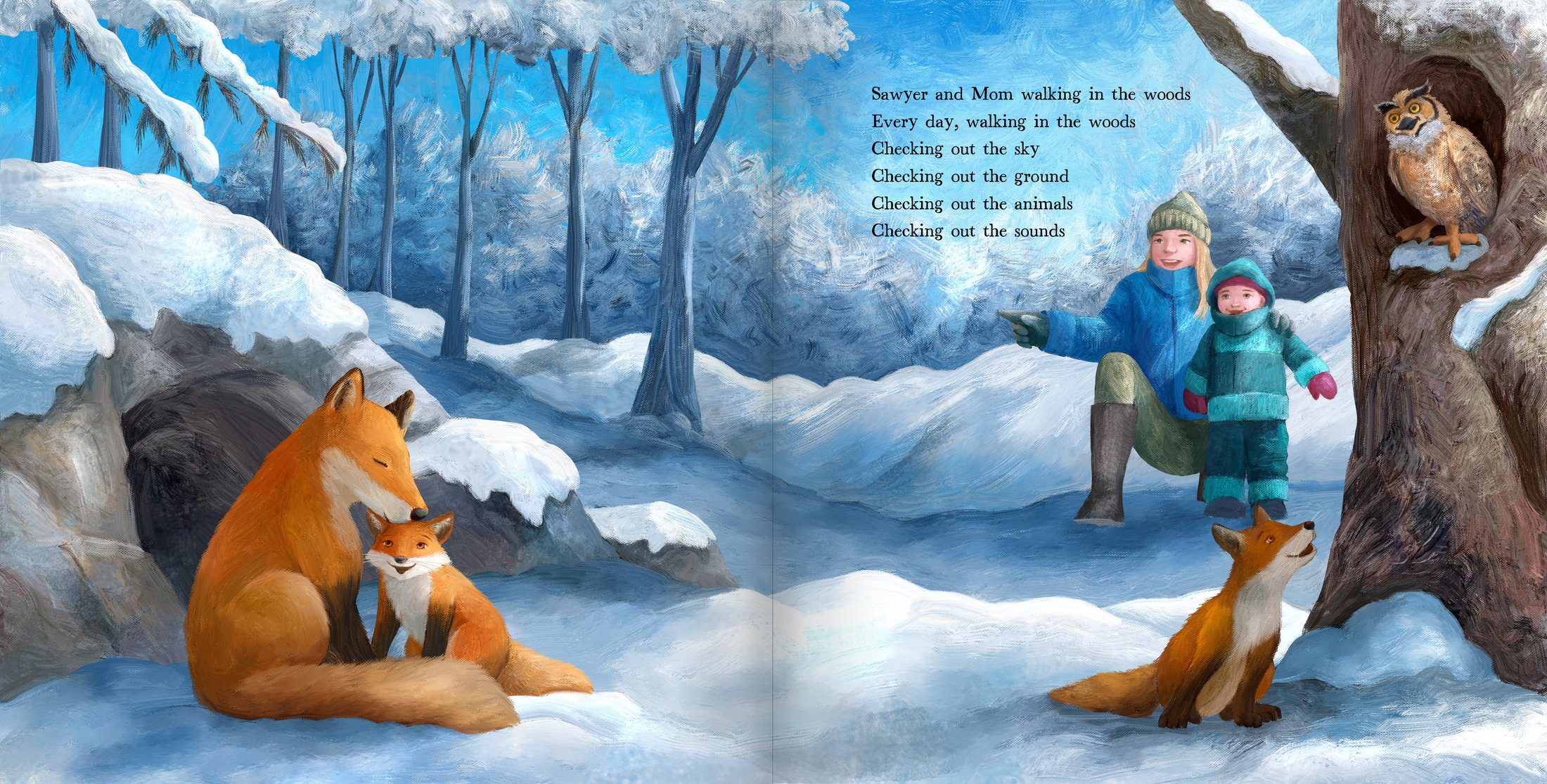 Two-page spread of a mother and child meeting a fox family in the snow, from 'Walk in the Woods'.